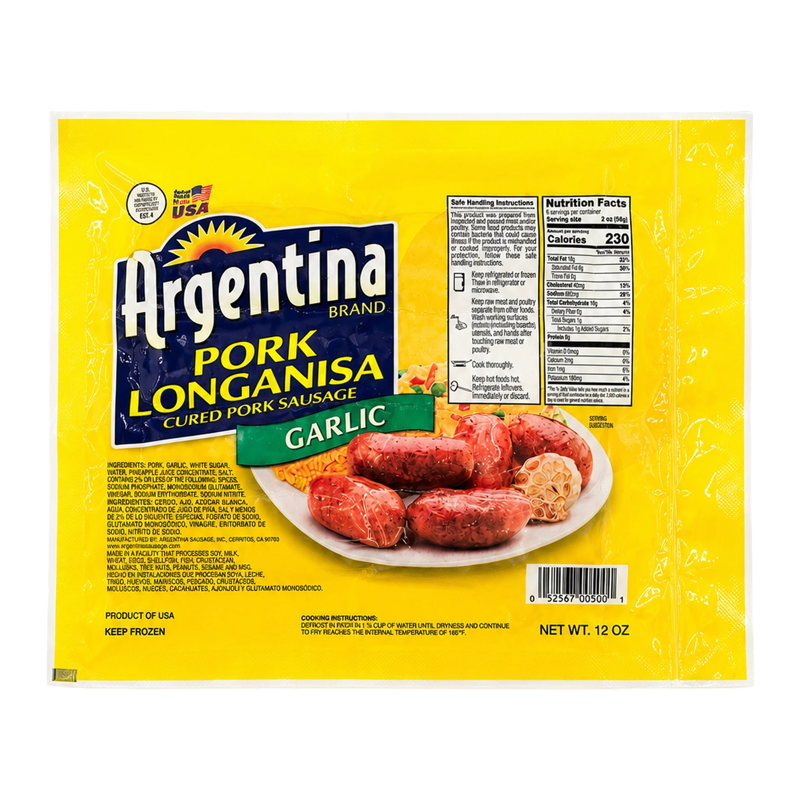 A 12 oz package of Argentina Brand Garlic Pork Longanisa, showing the bright yellow packaging with product details and a photo of the cooked sausages on a white plate.