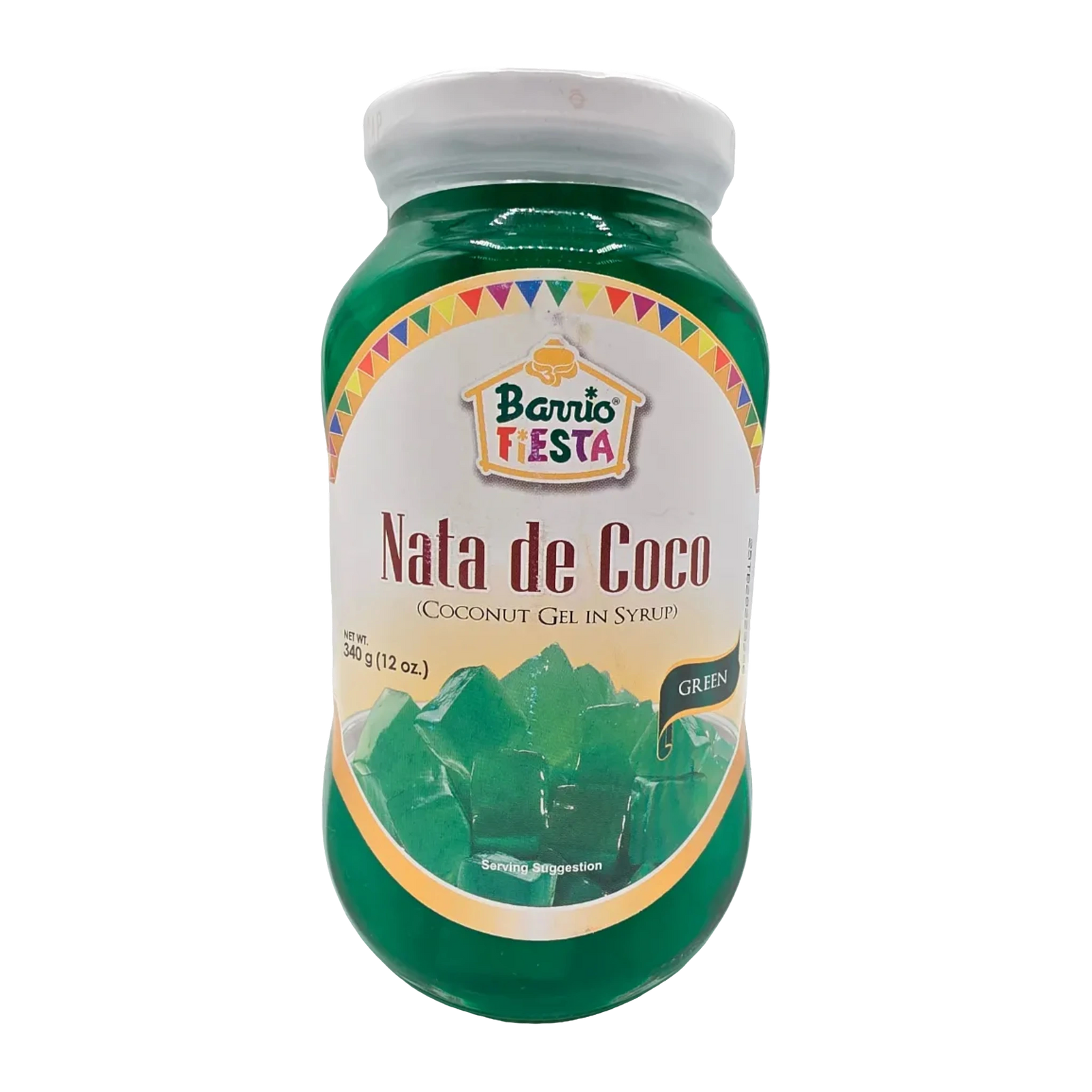 Barrio Fiesta Nata de Coco (Coconut Gel in Syrup) Green - 12oz on a transparent background