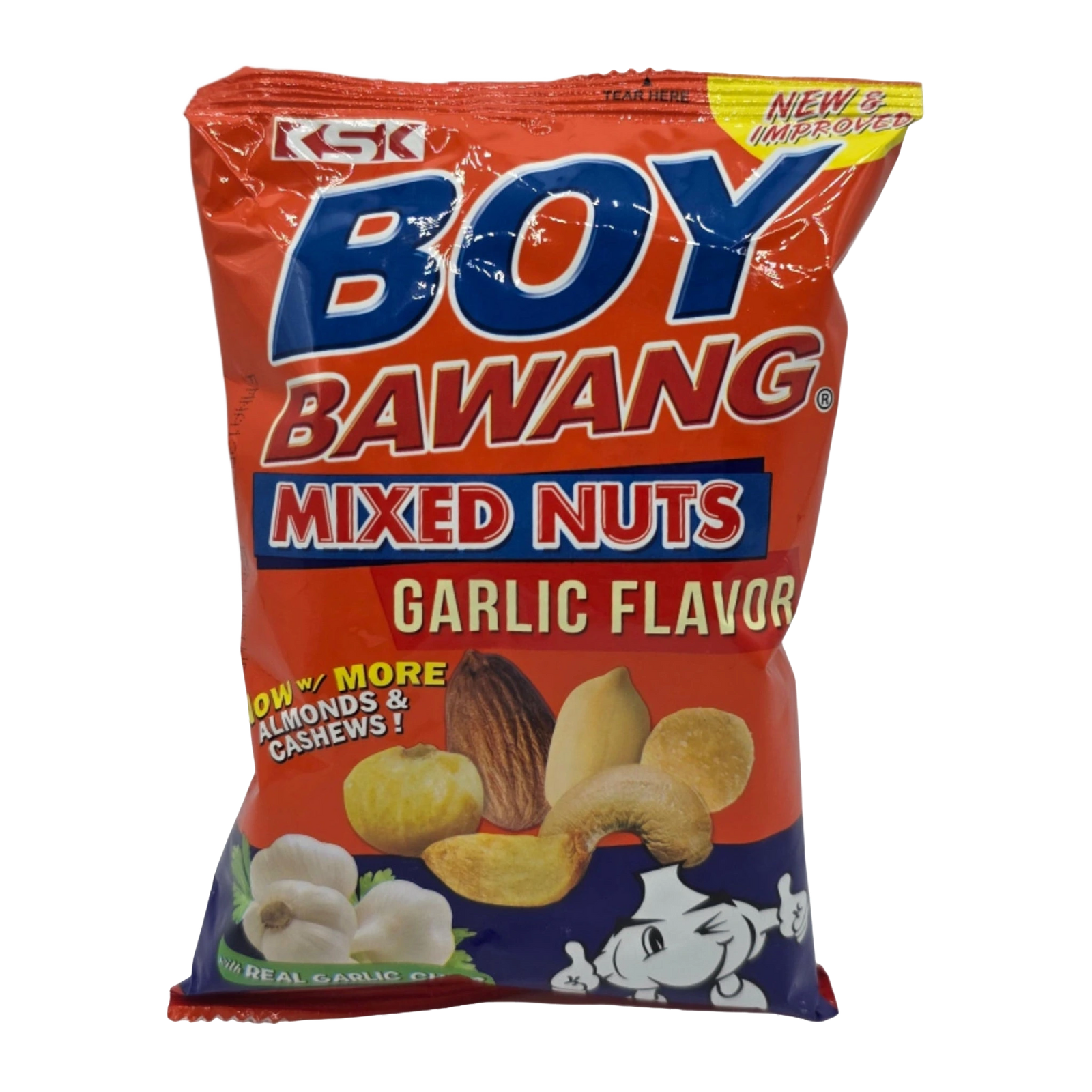 A bag of KSK Boy Bawang Mixed Nuts in Garlic Flavor, featuring a bright red-orange bag with blue and white lettering, illustrations of almonds and cashews, and a cartoon character on a transparent background.