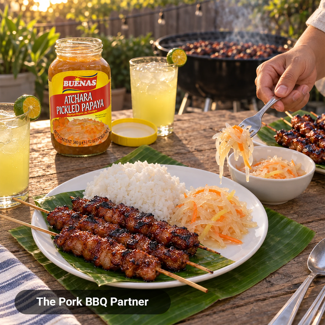 Buenas Atchara pickled papaya served with Filipino pork barbecue skewers and rice at a backyard grill party