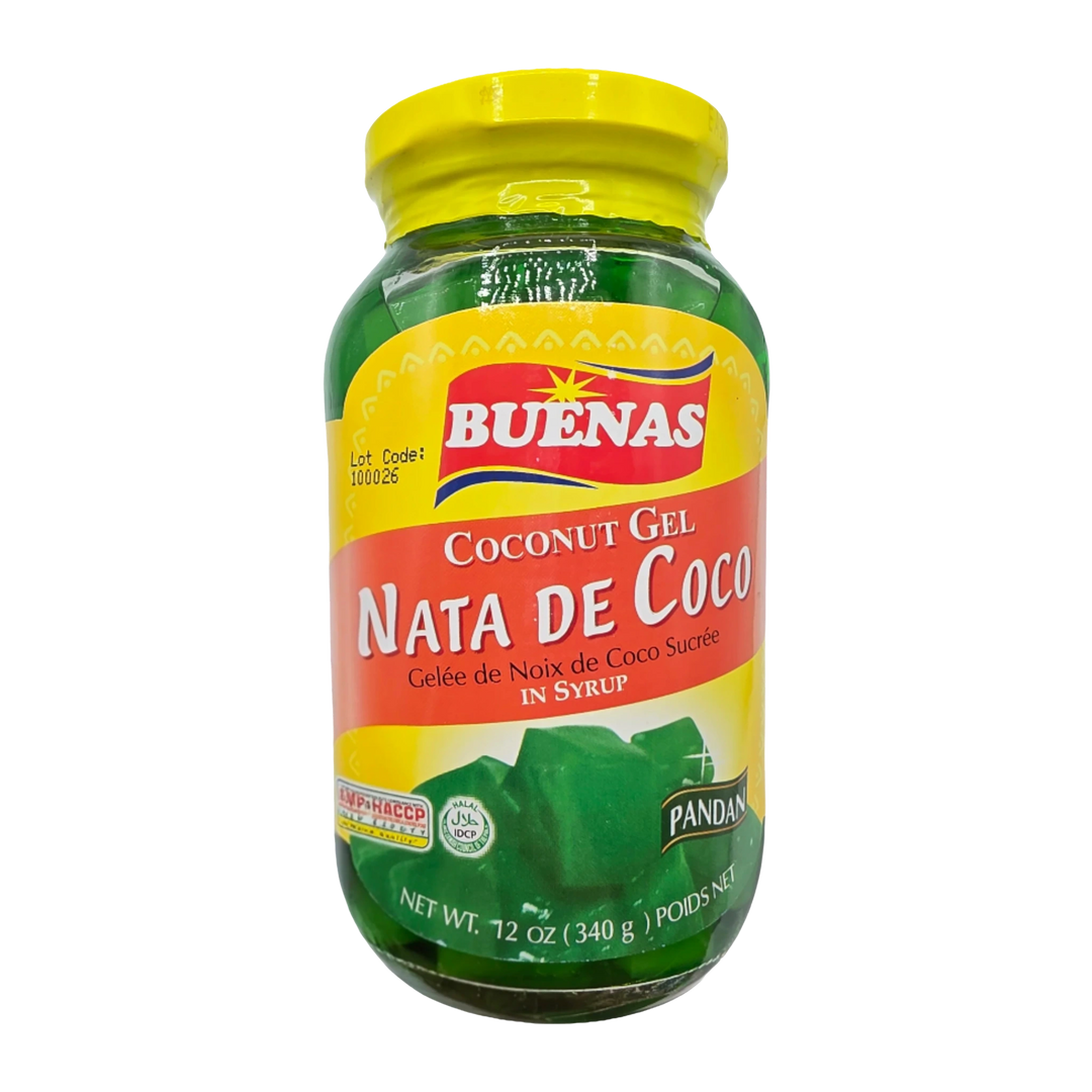 A jar of Buenas Nata de Coco (coconut gel) in syrup, featuring a bright yellow lid and a label with yellow, red, and green sections, set against a transparent background.