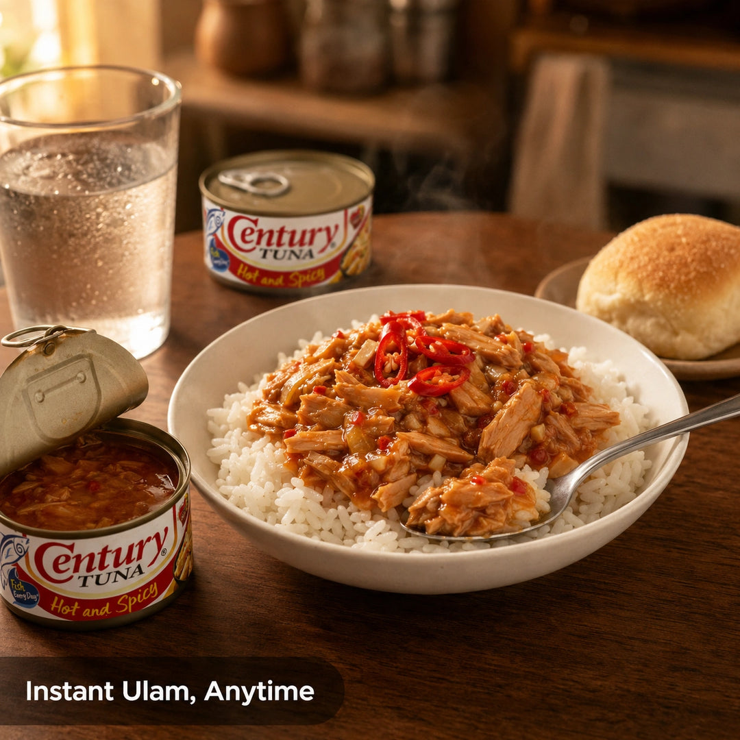 A bowl of Instant Ulam, a Century Tuna hot and spicy canned tuna dish, served over white rice on a wooden table with a glass of water, an open can, and a bread roll.