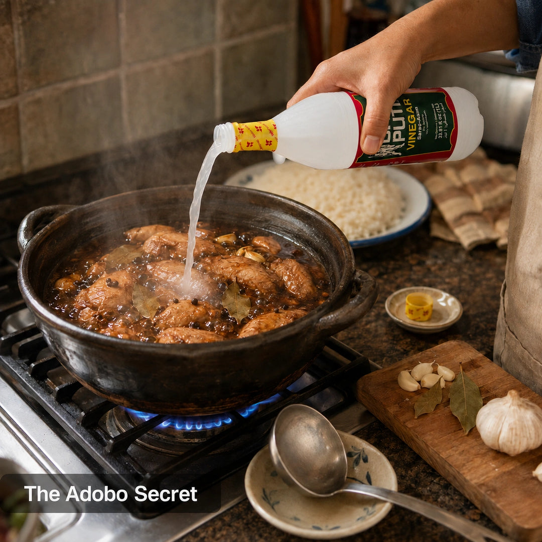 A person pouring Datu Puti Vinegar from a white bottle into a black pot of simmering chicken on a gas stove in a kitchen setting.