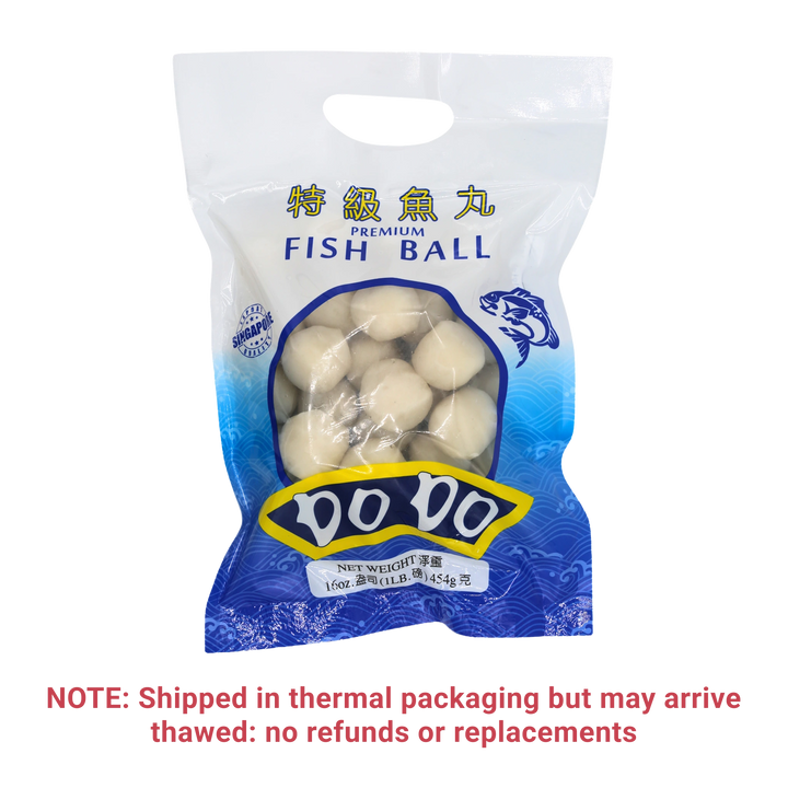 A package of premium fish balls in a clear plastic bag with a blue and white design, featuring a yellow 'do do' logo and a window showing the fish balls inside. A red warning note at the bottom states that the product is shipped in thermal packaging and may arrive thawed.