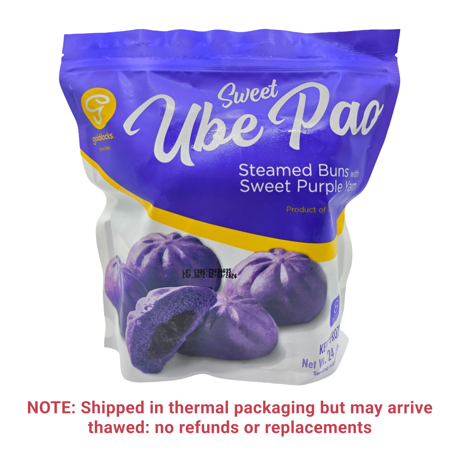 A bag of Sweet Ube Pao Steamed Buns with Sweet Purple Yam flavor, featuring a blue and white package with a photo of purple buns. A red shipping note is printed below the package on a transparent background.