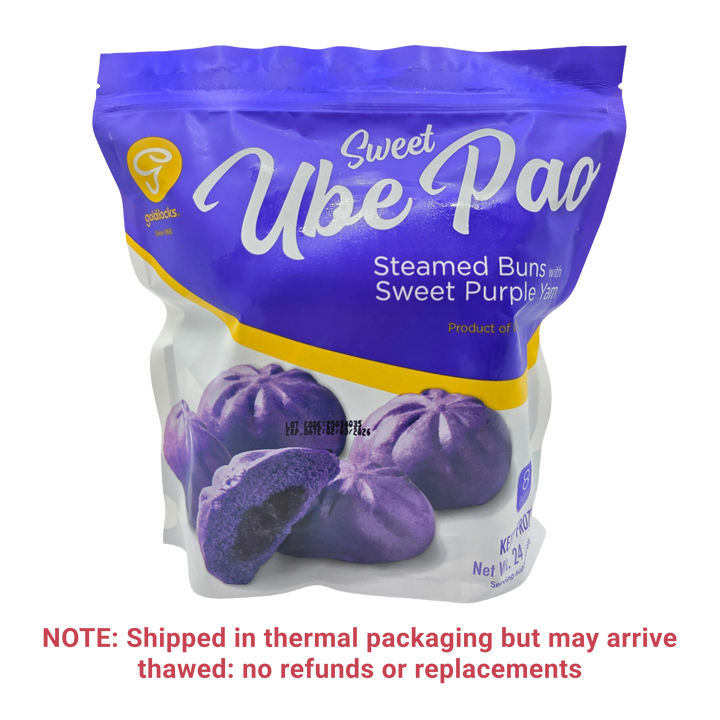 A bag of Sweet Ube Pao Steamed Buns with Sweet Purple Yam flavor, featuring a blue and white package with a photo of purple buns. A red shipping note is printed below the package on a transparent background.
