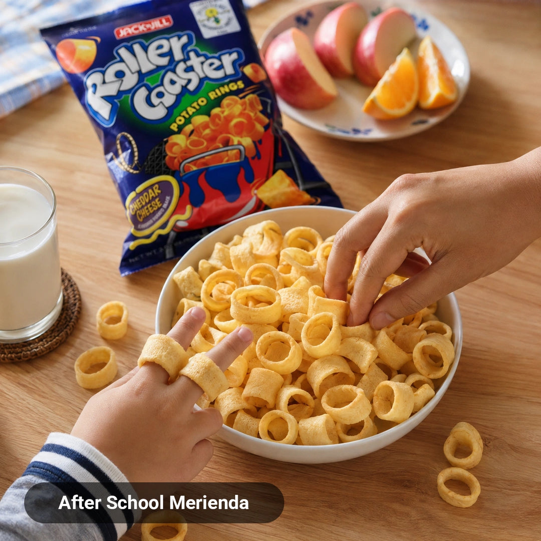 Bowl of Jack 'n Jill Roller Coaster Cheddar Cheese Potato Rings with child wearing rings on fingers, After School Merienda