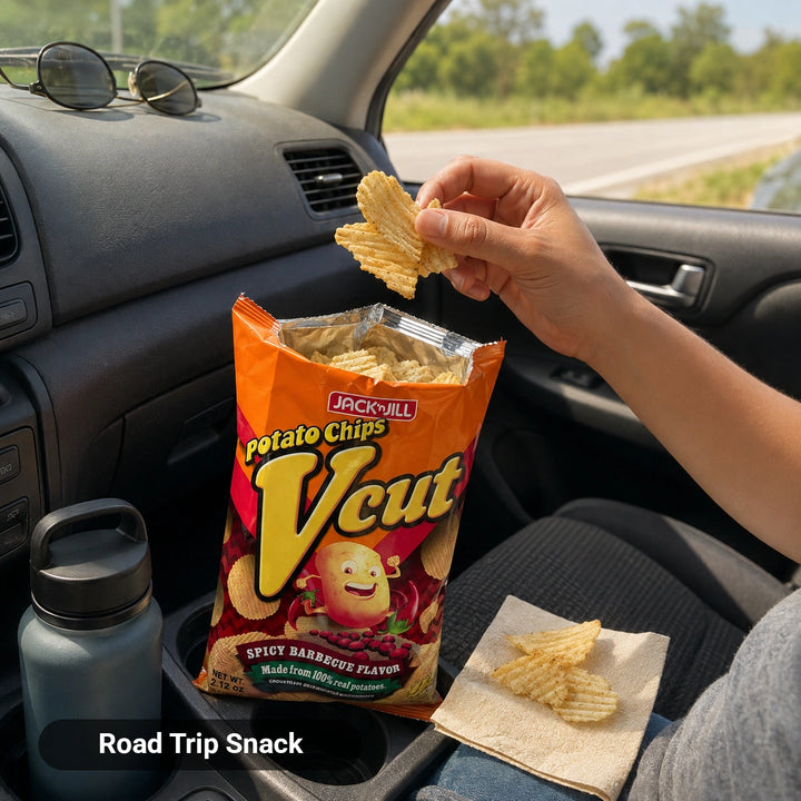 Open bag of Jack 'n Jill Vcut Spicy Barbecue Potato Chips in a car cup holder, hand holding a chip, Road Trip Snack