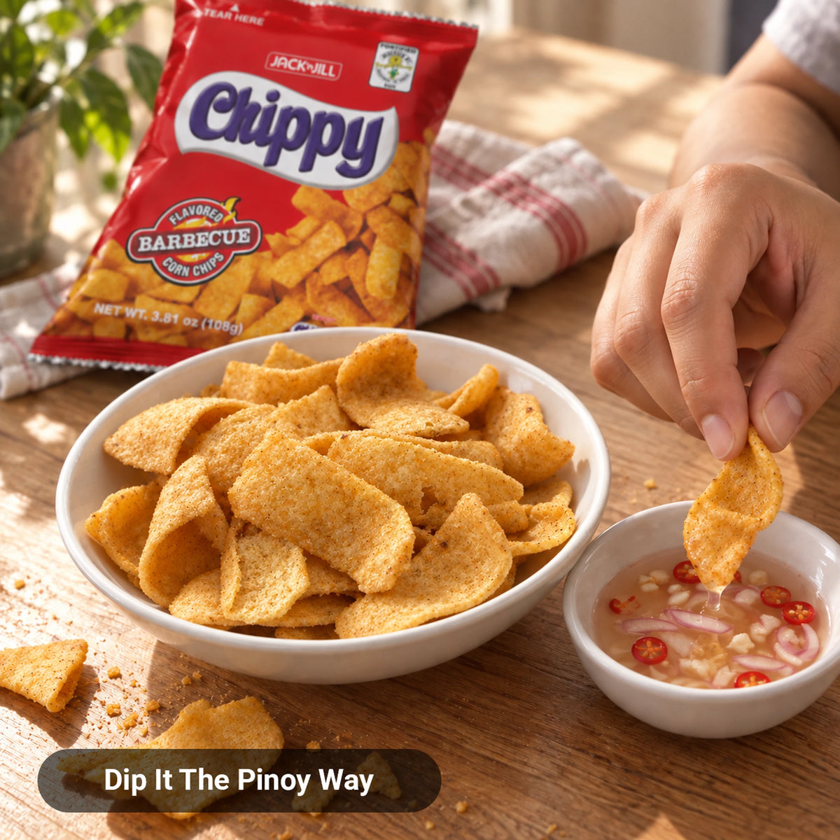 Jack 'n Jill Chippy BBQ Corn Chips in a bowl, hand dipping a chip into spiced vinegar with chili and onion, Dip It The Pinoy Way