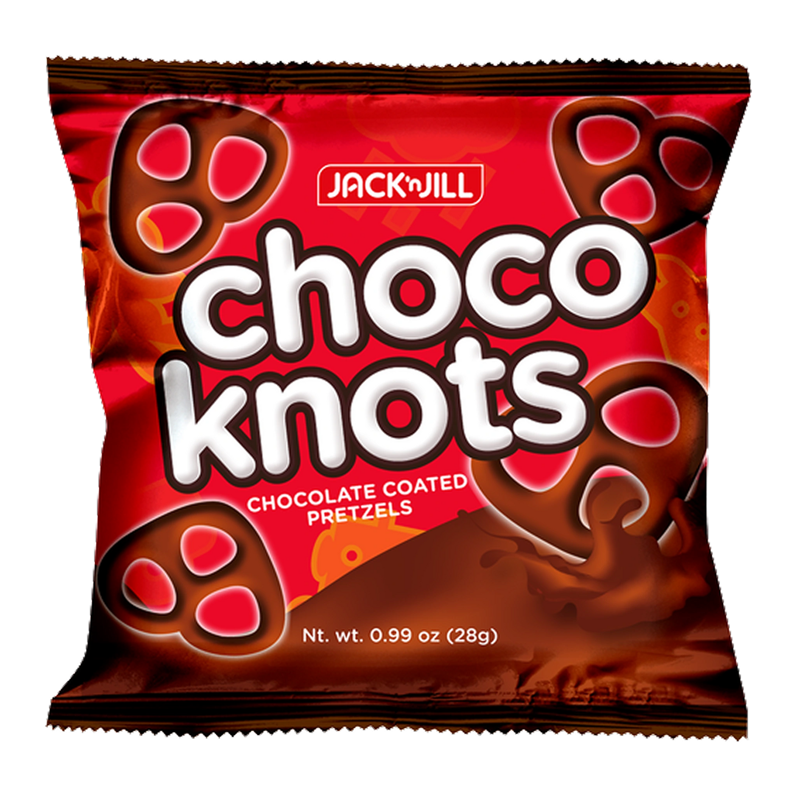 A bag of Jack'n Jill Choco Knots chocolate coated pretzels on a transparent background.