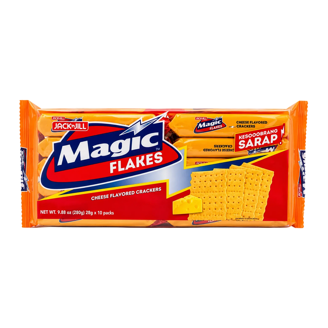 A package of Jack 'n Jill Magic Flakes cheese flavored crackers, featuring a bright orange and red wrapper with the brand logo and an illustration of square crackers.