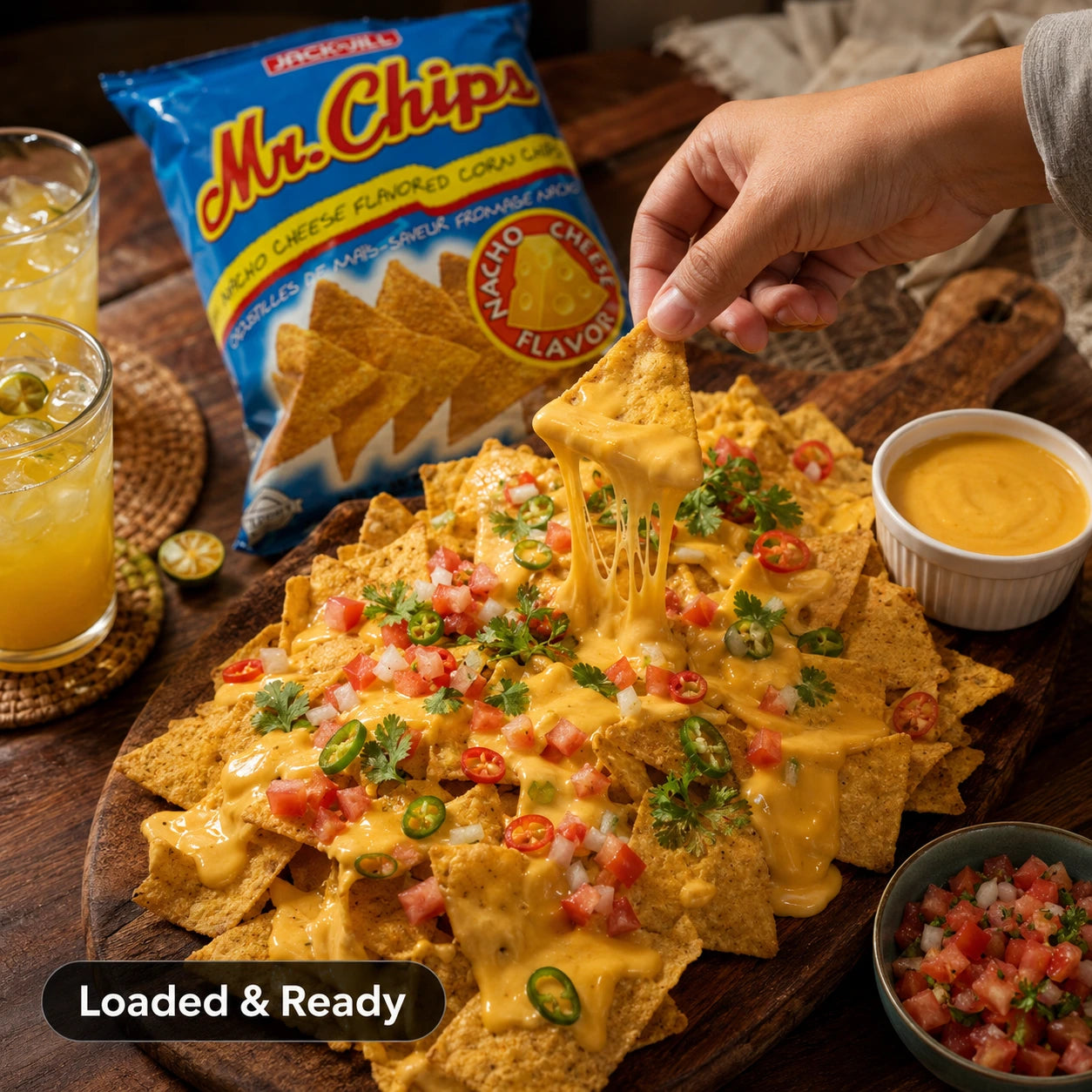 Hand pulling a cheesy Mr. Chips nacho topped with pico de gallo and cheese sauce beside the bag