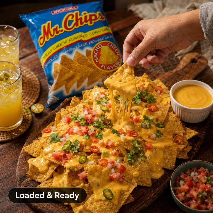 Hand pulling a cheesy Mr. Chips nacho topped with pico de gallo and cheese sauce beside the bag