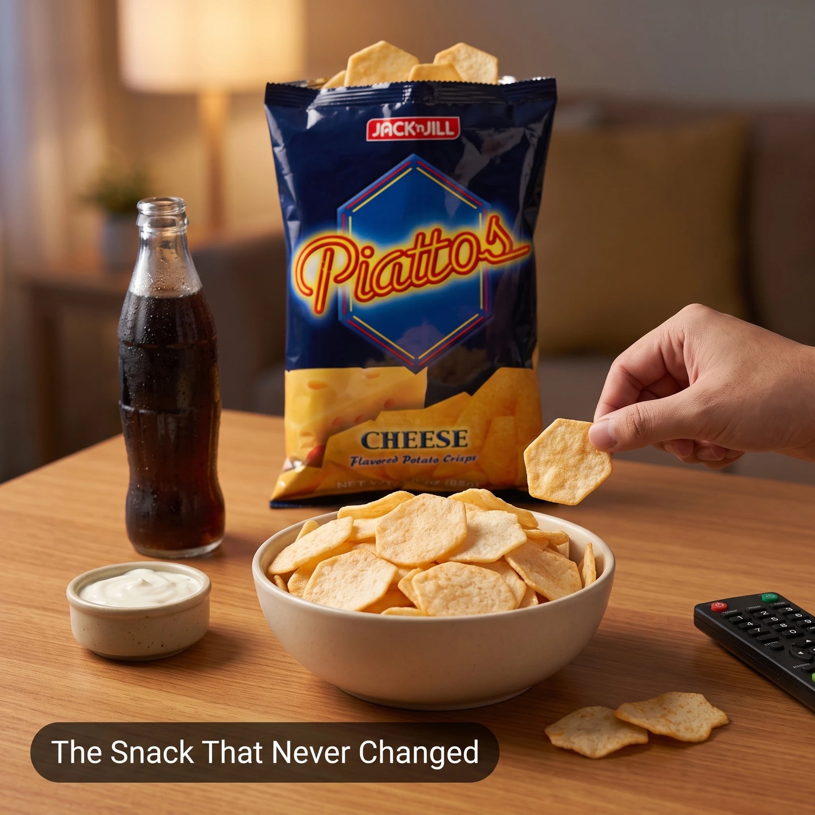 A bag of Jack 'n Jill Piattos Cheese flavored potato chips stands on a wooden table beside a bowl of chips, a small dish of dip, a glass bottle of soda, and a hand holding a chip. A remote control is also visible, with a blurred living room background and the text 'The Snack That Never Changed' at the bottom.