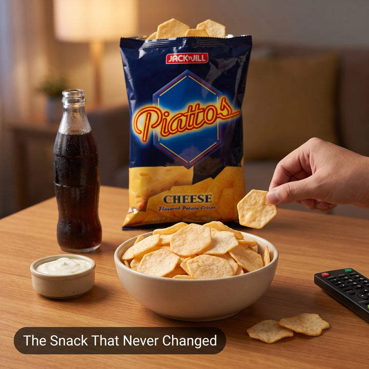 A bag of Jack 'n Jill Piattos Cheese flavored potato chips stands on a wooden table beside a bowl of chips, a small dish of dip, a glass bottle of soda, and a hand holding a chip. A remote control is also visible, with a blurred living room background and the text 'The Snack That Never Changed' at the bottom.