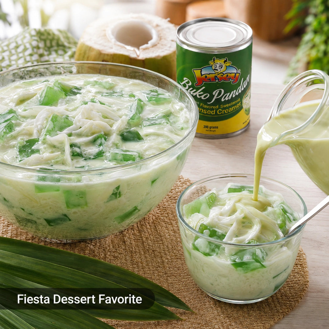 A bowl and glass of creamy dessert with green gelatin cubes, with a can of Jersey Buko Pandan  mixed cream in the background and a pitcher pouring the dessert. The text 'Fiesta Dessert Favorite' is shown in the lower-left corner.
