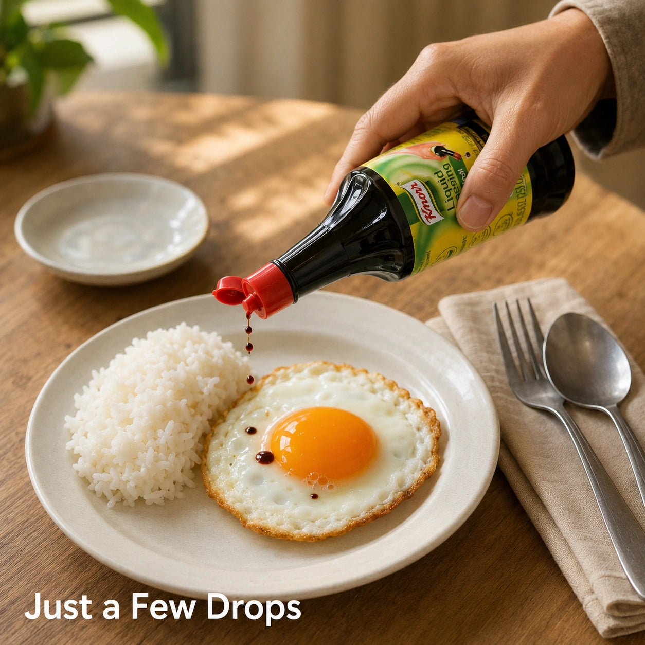 Hand drizzling Knorr Liquid Seasoning Original over a fried egg and rice on a plate