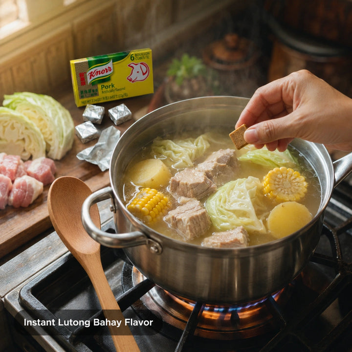 A stainless steel pot of instant lotong bahay soup simmering on a gas stove, with a hand adding a knorr pork cube. A box of Knorr Pork Bouillon cubes is visible in the background along with ingredients like cabbage and pork.