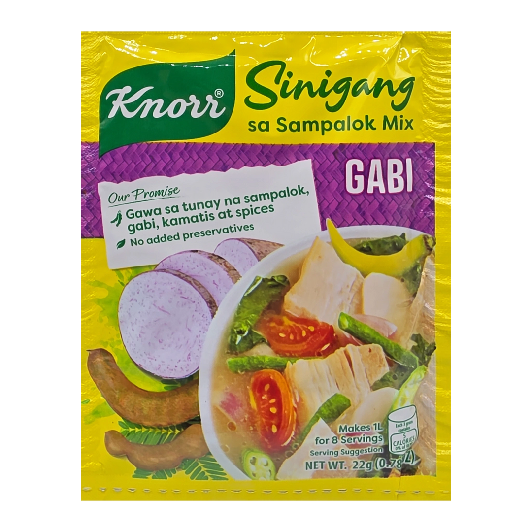 A package of Knorr Sinigang sa Sampalok Mix featuring a bright yellow background, green and purple branding, and an illustration of the prepared soup with sliced purple sampalok, tomatoes, gabi and spices.