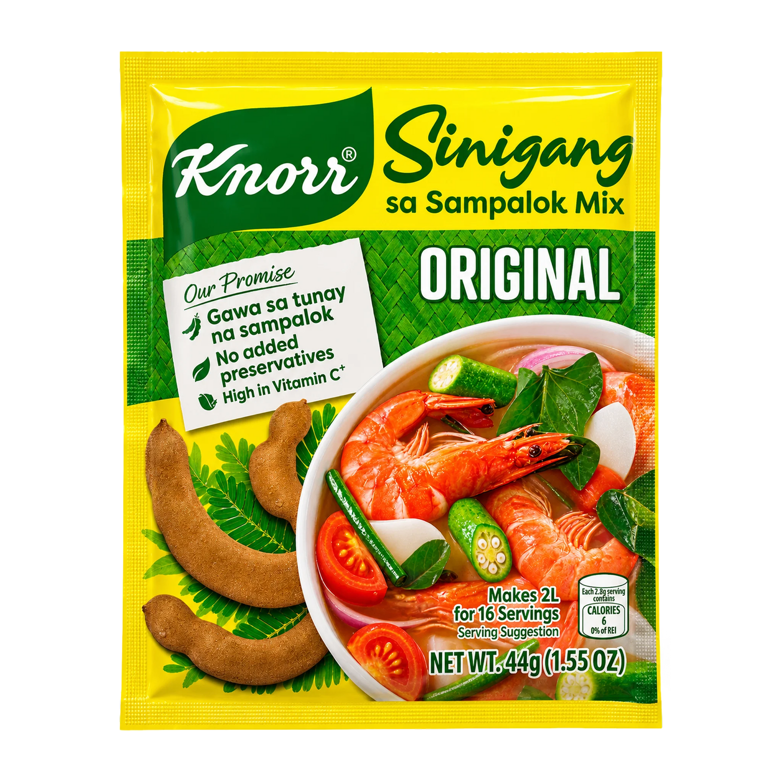 A package of Knorr Sinigang sa Sampalok Mix Original, featuring a bright yellow and green bag with a bowl of shrimp soup and tamarind slices on the front.