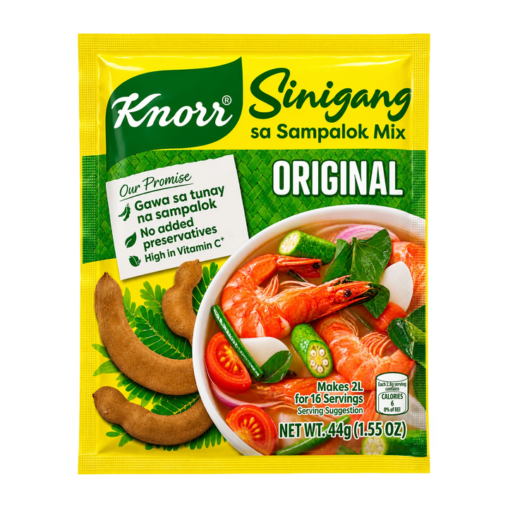 A package of Knorr Sinigang sa Sampalok Mix Original, featuring a bright yellow and green bag with a bowl of shrimp soup and tamarind slices on the front.
