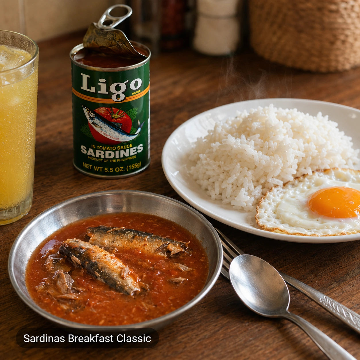 A breakfast meal on a wooden table featuring a can of Ligo Sardines, a bowl of Ligo sardines with tomato-based sauce, a plate of white rice, and a fried egg, alongside a glass of orange drink and utensils.