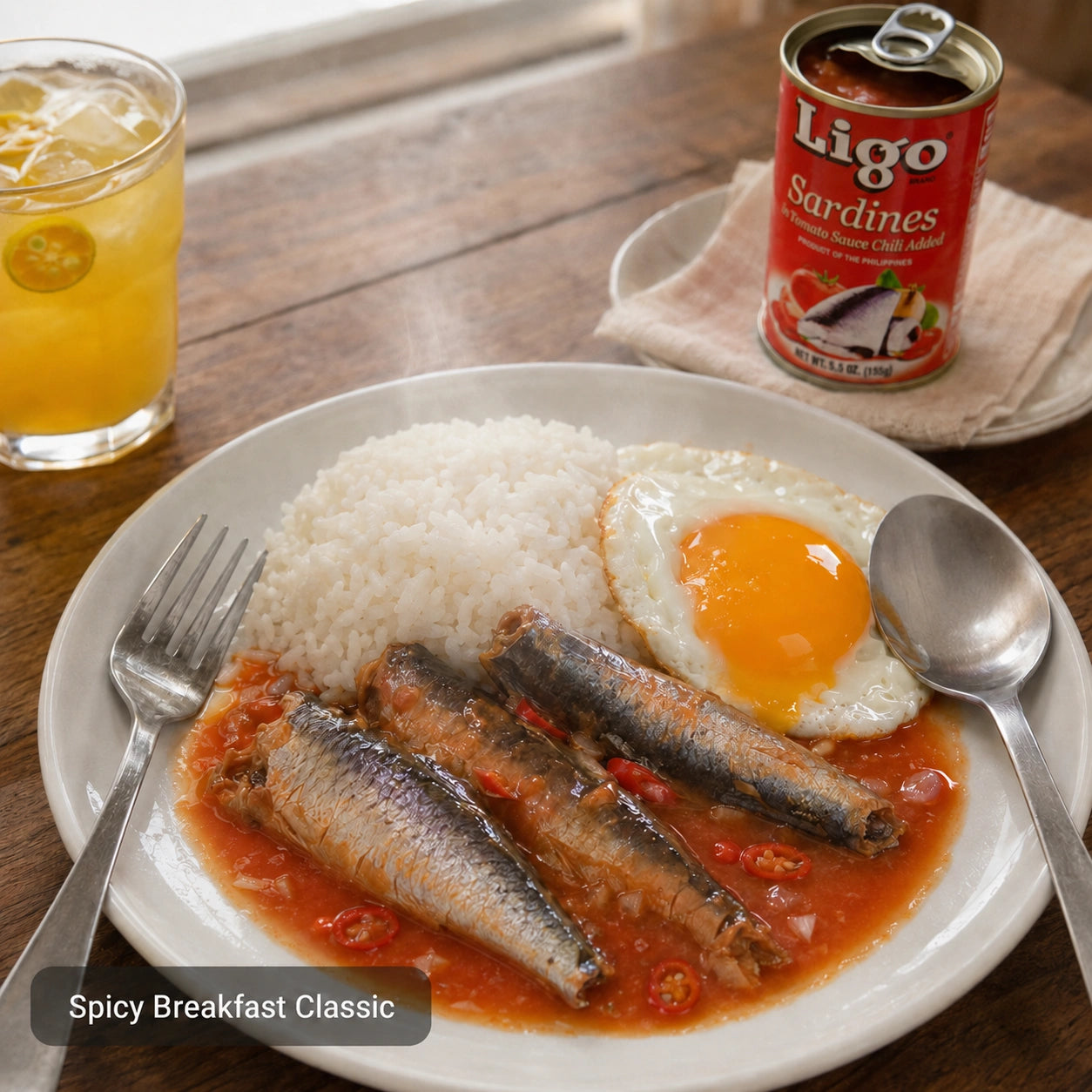 Ligo Sardines in Tomato Sauce with Chili served with rice, fried egg, and calamansi juice for breakfast