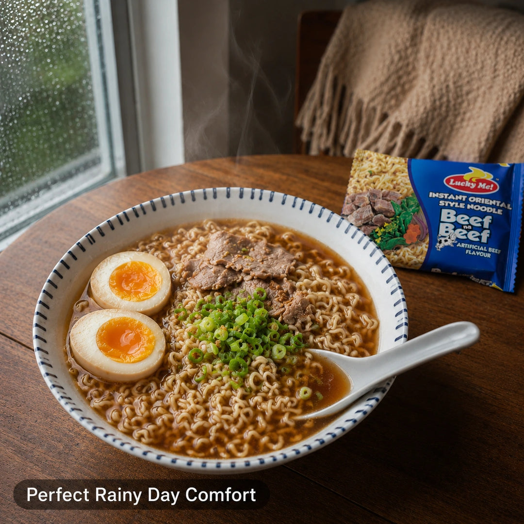 A bowl of lucky me instant oriental style beef noodles, soft-boiled eggs, green onions, and broth sits on a wooden table next to a package of Lucky Me Beef Noodles. A window with raindrops is visible in the background, and a cozy blanket appears in the upper right.