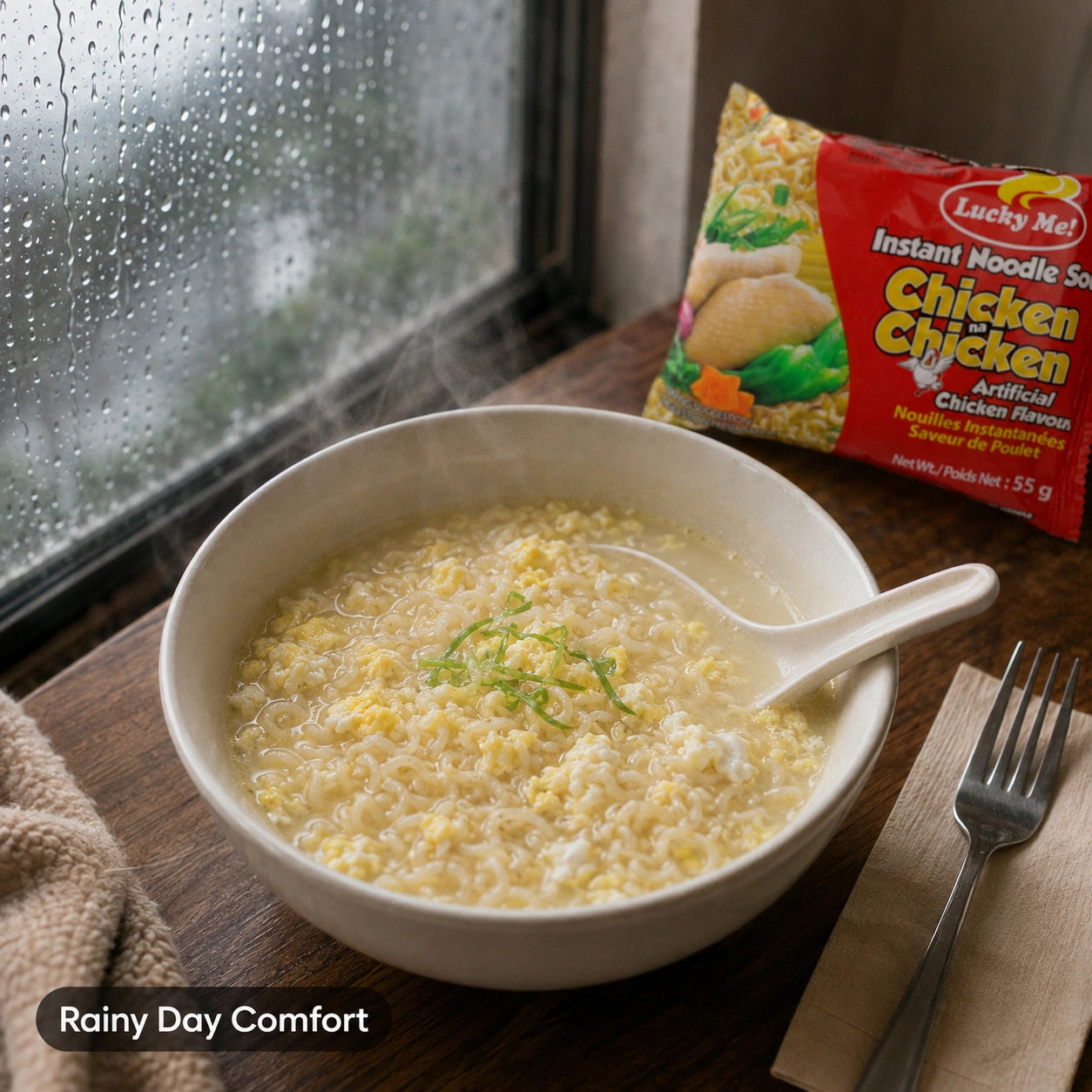 A bowl of hot instant noodle soup sits on a wooden table by a rainy window, with a packet of Lucky Me! Chicken na Chicken flavor in the background and a text overlay reading 'Rainy Day Comfort'.