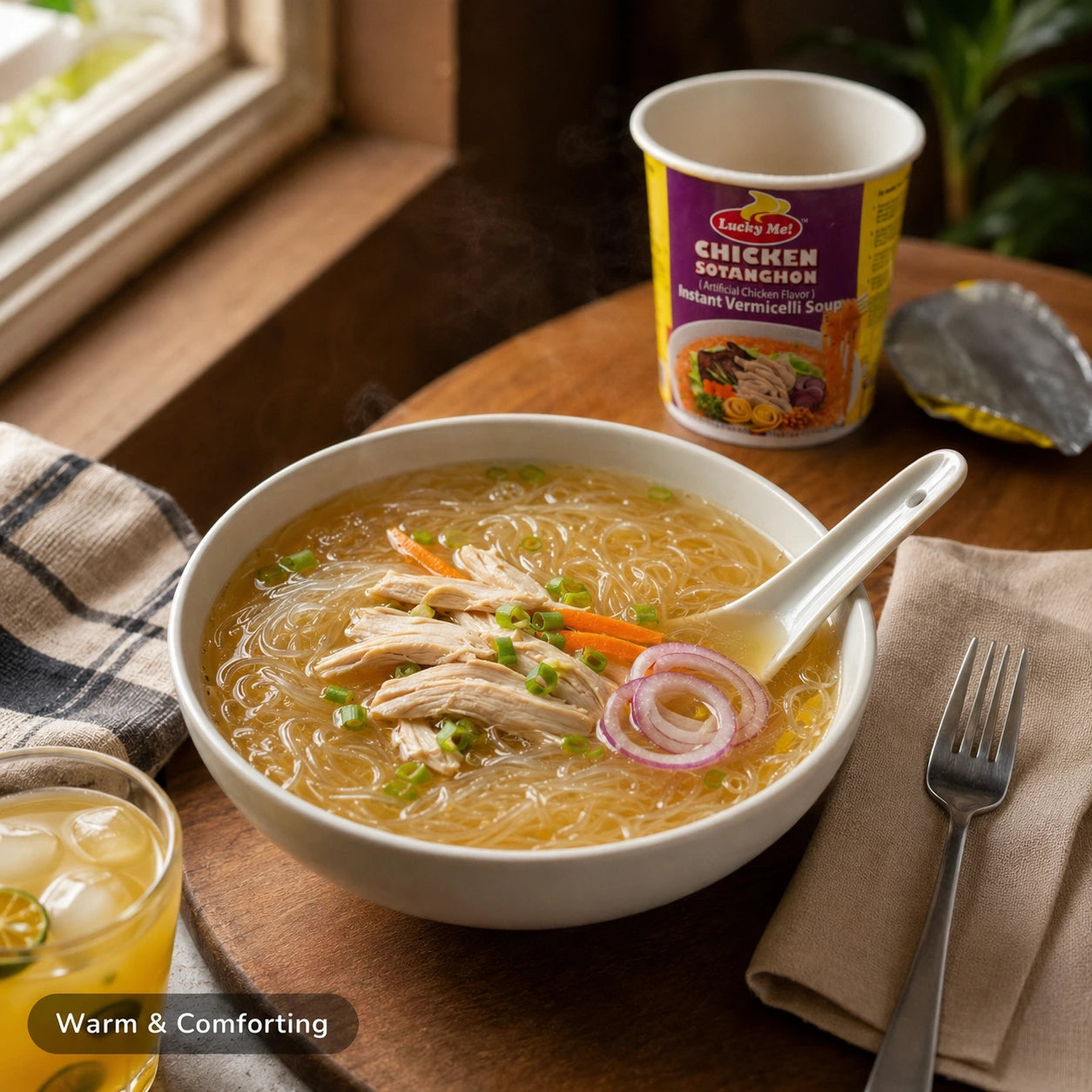 Bowl of Lucky Me Chicken Sotanghon topped with shredded chicken, red onion, and scallions beside the cup