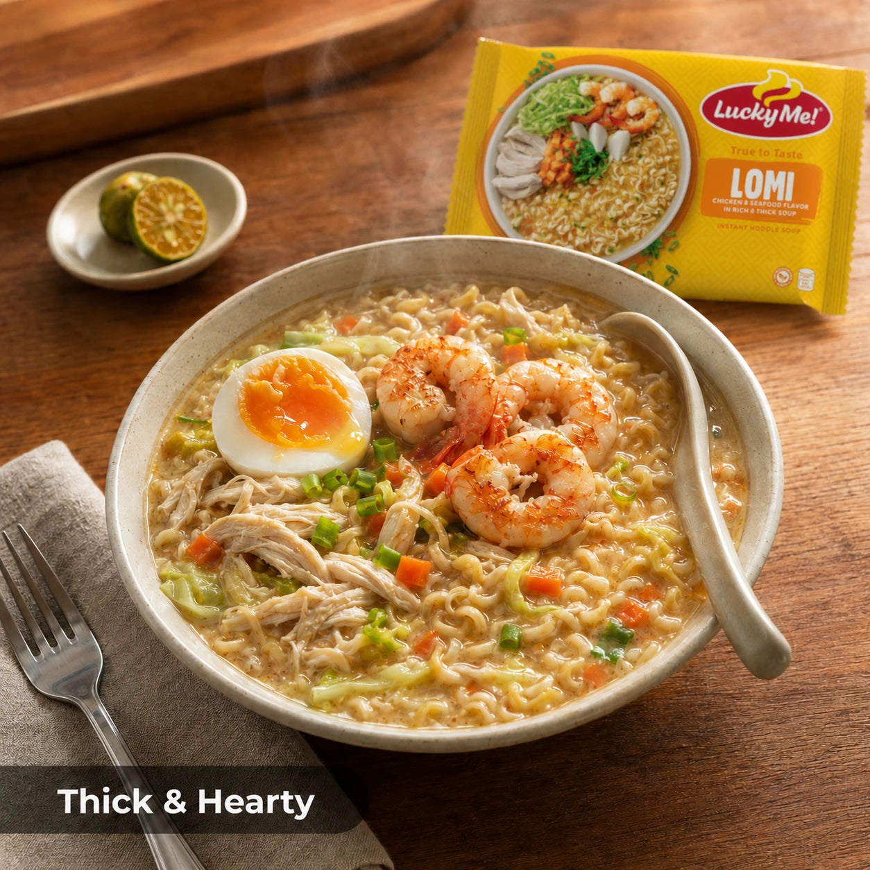 A bowl of steaming Lucky Me! Lomi thick and hearty instant noodles on a wooden table, topped with shrimp, a soft-boiled egg, and vegetables, with the yellow product packaging placed behind it.
