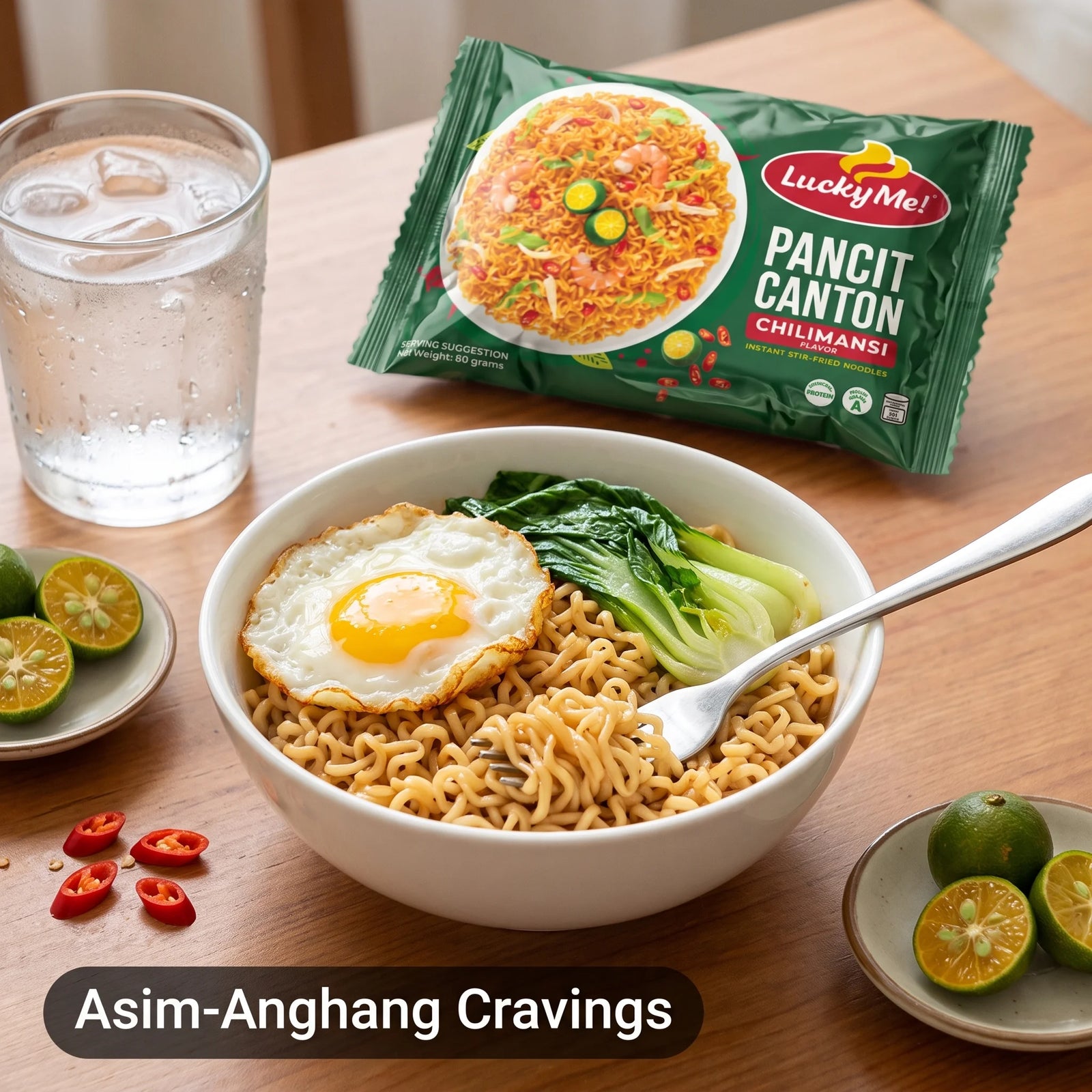A bowl of Lucky Me! Pancit Canton chili-mans noodles with a fried egg, bok choy, and a spoon, shown on a wooden table with the green product packaging, a glass of water, lime halves, and chili slices. Text at the bottom reads 'Asim-Anghang Cravings'.