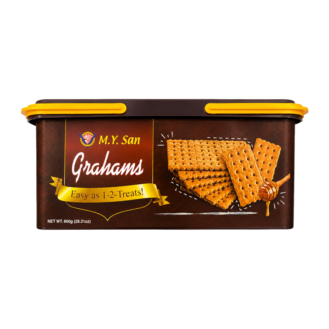Front view of M.Y. San Grahams crackers in an 800 g resealable container. The brown container features the M.Y. San logo, graham crackers, a honey dipper, and the "Easy as 1-2-Treats!" slogan on a white background.