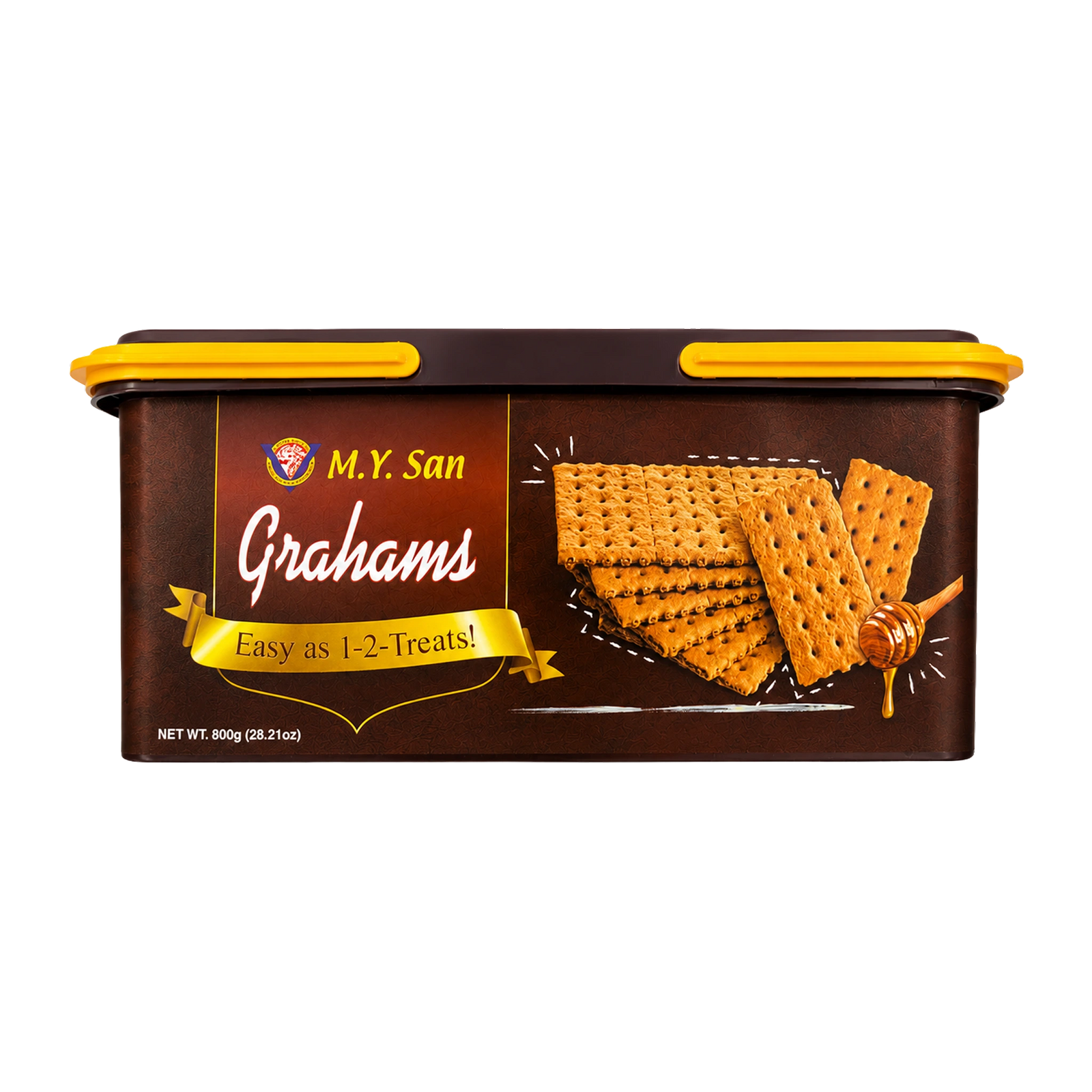 Front view of M.Y. San Grahams crackers in an 800 g resealable container. The brown container features the M.Y. San logo, graham crackers, a honey dipper, and the "Easy as 1-2-Treats!" slogan on a white background.