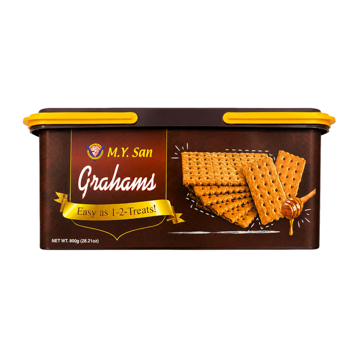 Front view of M.Y. San Grahams crackers in an 800 g resealable container. The brown container features the M.Y. San logo, graham crackers, a honey dipper, and the "Easy as 1-2-Treats!" slogan on a white background.