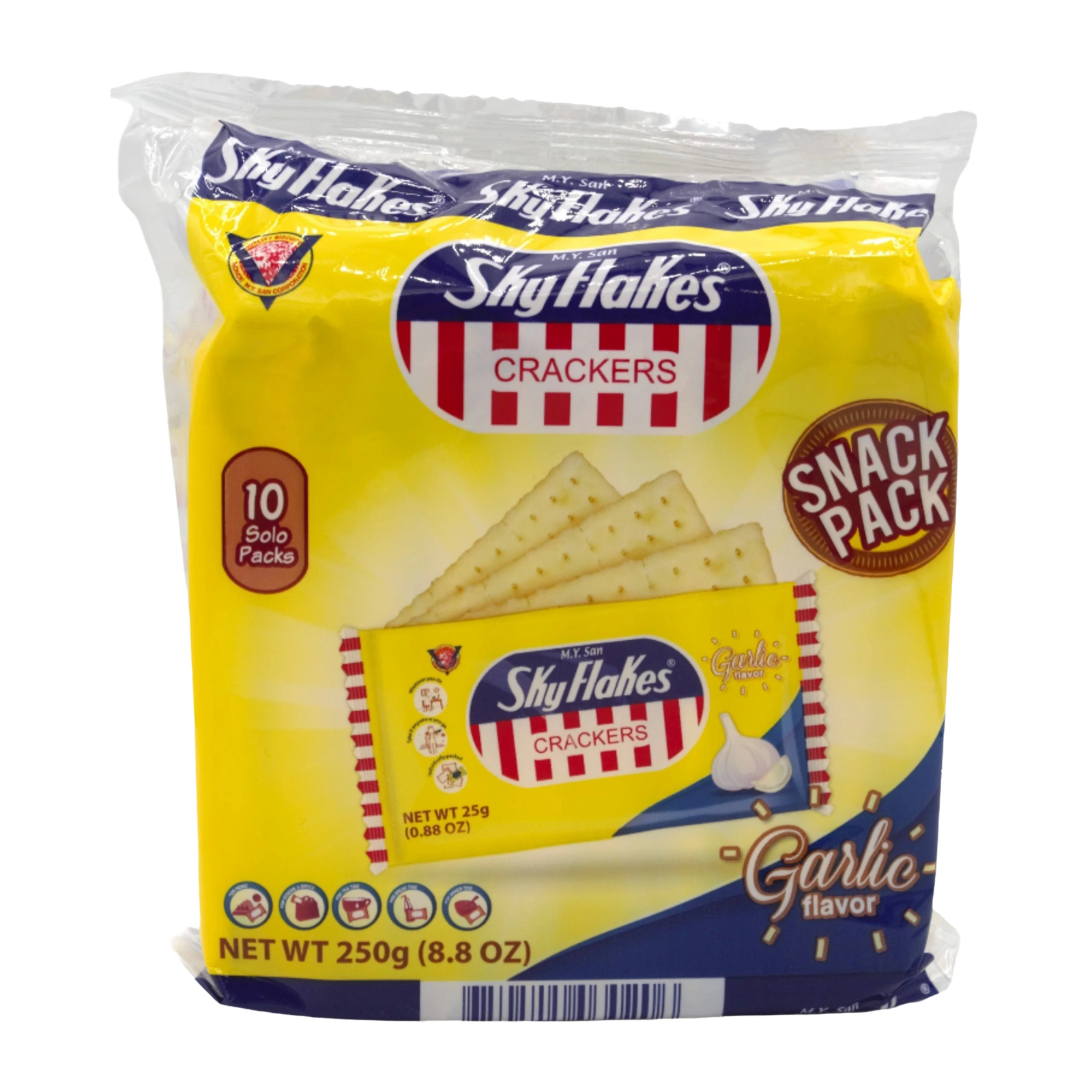 M.Y. San SkyFlakes Crackers Snack Pack Garlic Flavor 25g x 10 - 250g on a transparent background
