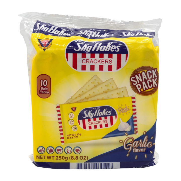 M.Y. San SkyFlakes Crackers Snack Pack Garlic Flavor 25g x 10 - 250g on a transparent background