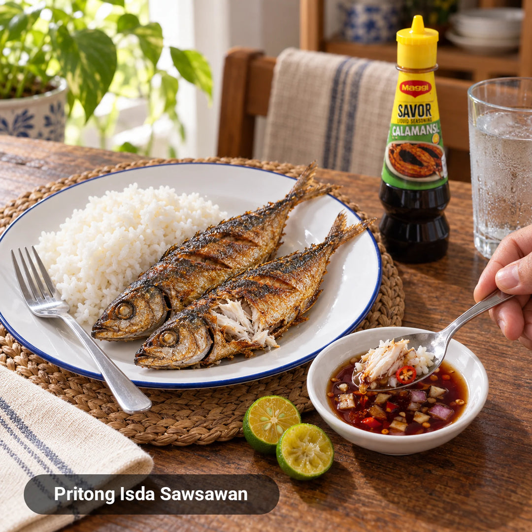 Maggi Savor Calamansi liquid seasoning as sawsawan with garlic and chili for fried galunggong and rice at a Filipino lunch