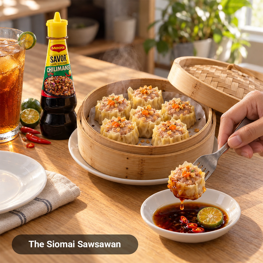 Pork siomai dipped in Maggi Savor Chilimansi liquid seasoning with calamansi and chili for a Filipino merienda