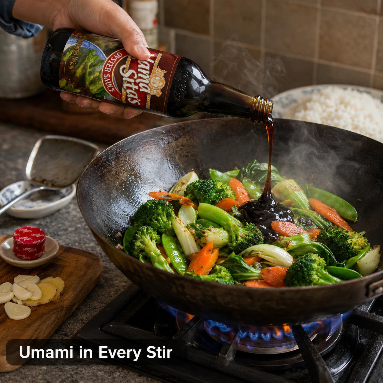 A hand holds a bottle of Mama Sita's Oyster Sauce and stirs a colorful wok of vegetables over a blue flame in a kitchen. The text 'Umami in Every Stir' appears at the bottom.