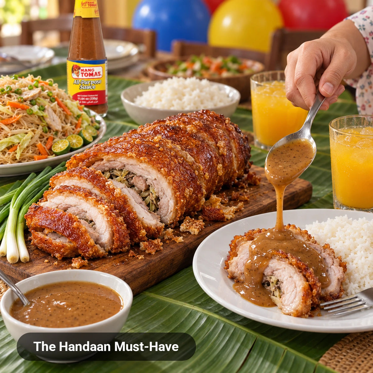 Mang Tomas All-Purpose Sauce spooned over crispy lechon belly at a Filipino family birthday handaan with pancit and rice