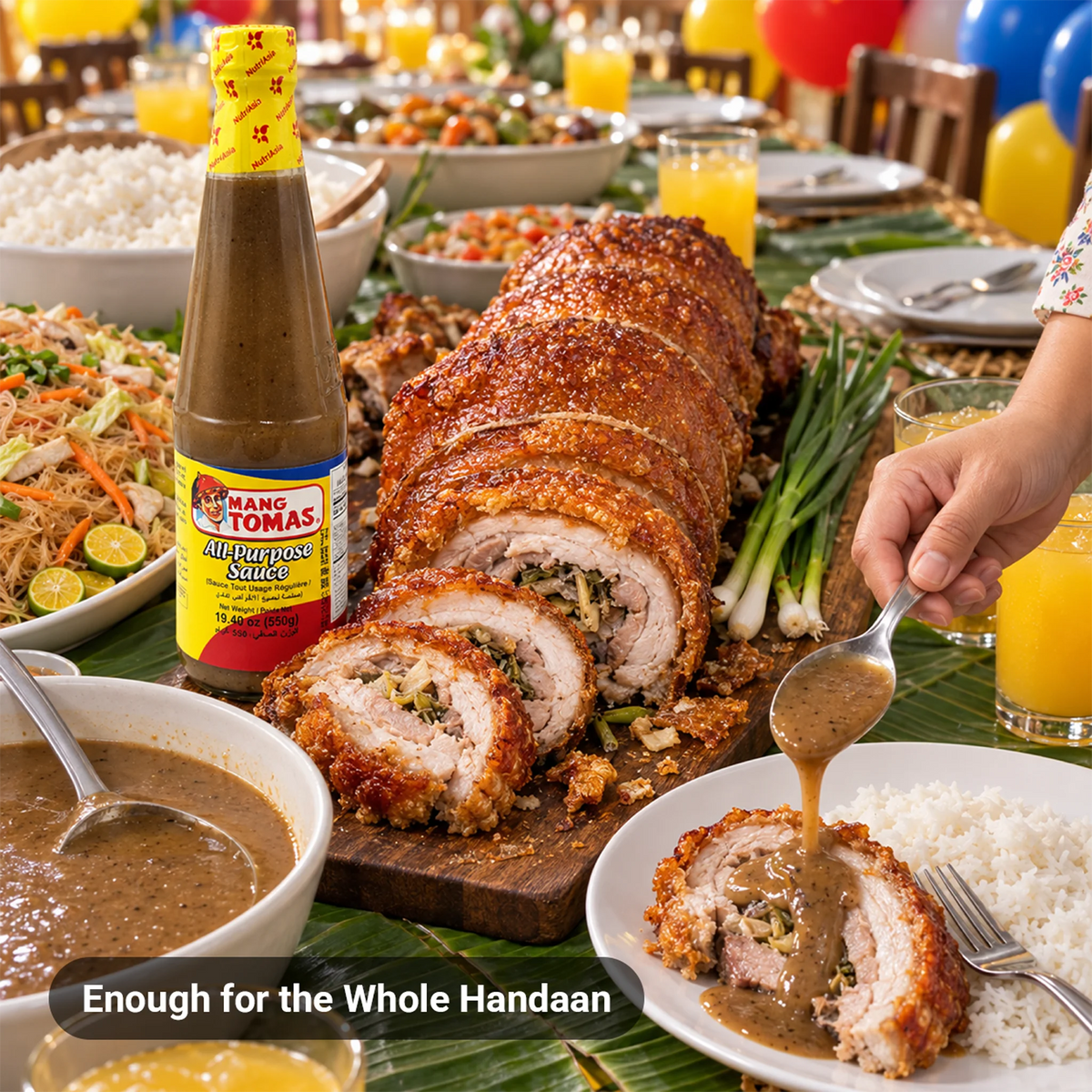Big bottle of Mang Tomas All-Purpose Sauce served with crispy lechon belly at a large Filipino family birthday handaan