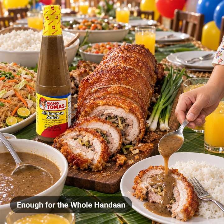 Big bottle of Mang Tomas All-Purpose Sauce served with crispy lechon belly at a large Filipino family birthday handaan