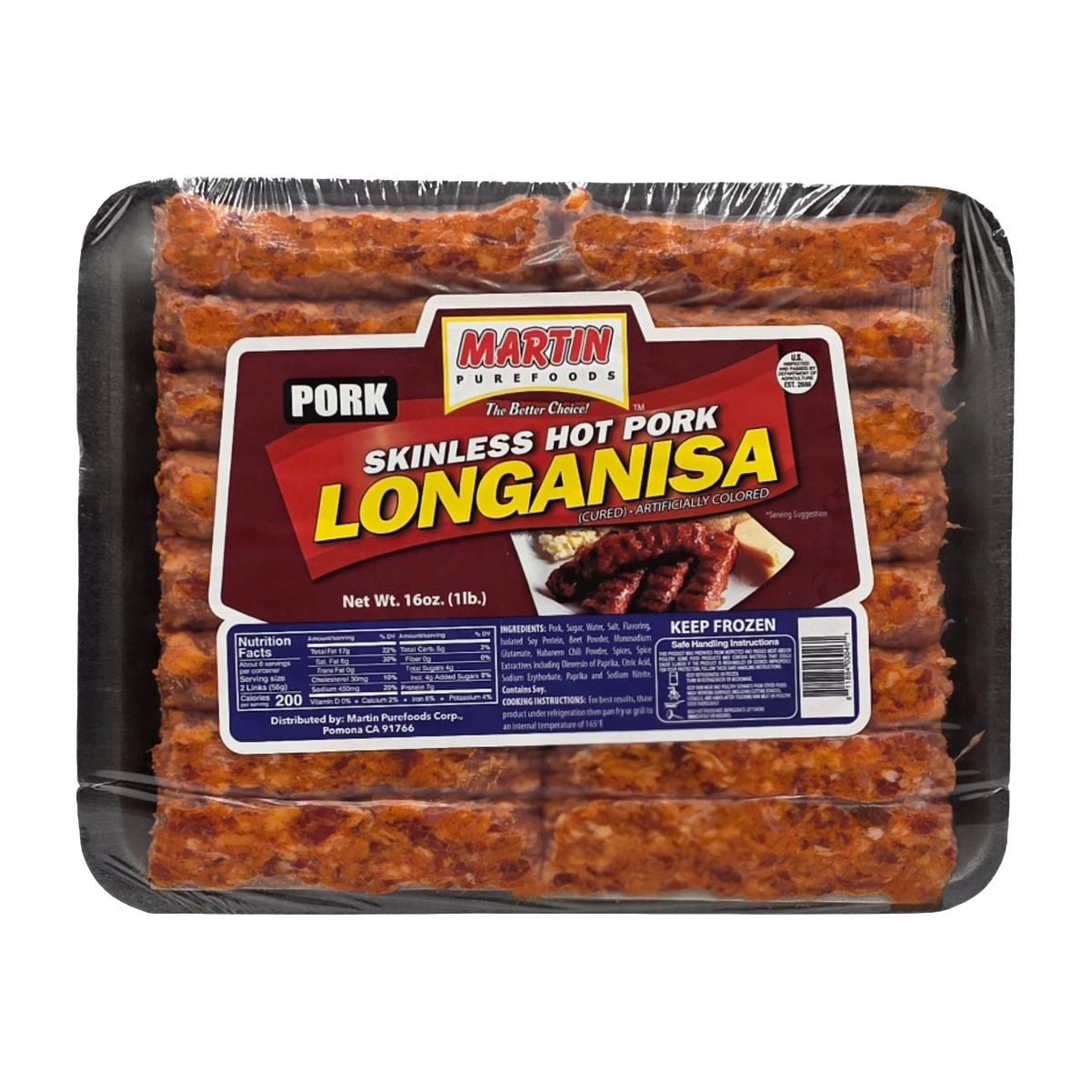 Martin Purefoods Skinless Hot Pork Longanisa - 16oz on a transparent background