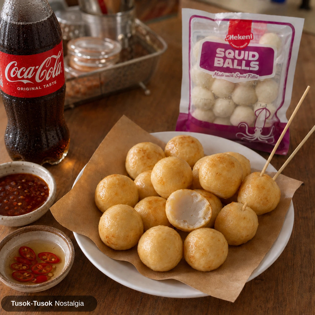 Mekeni Squid Balls fried golden and served on a plate with chili vinegar and sweet spicy dipping sauces, wooden skewers, and the 250g pack in the background