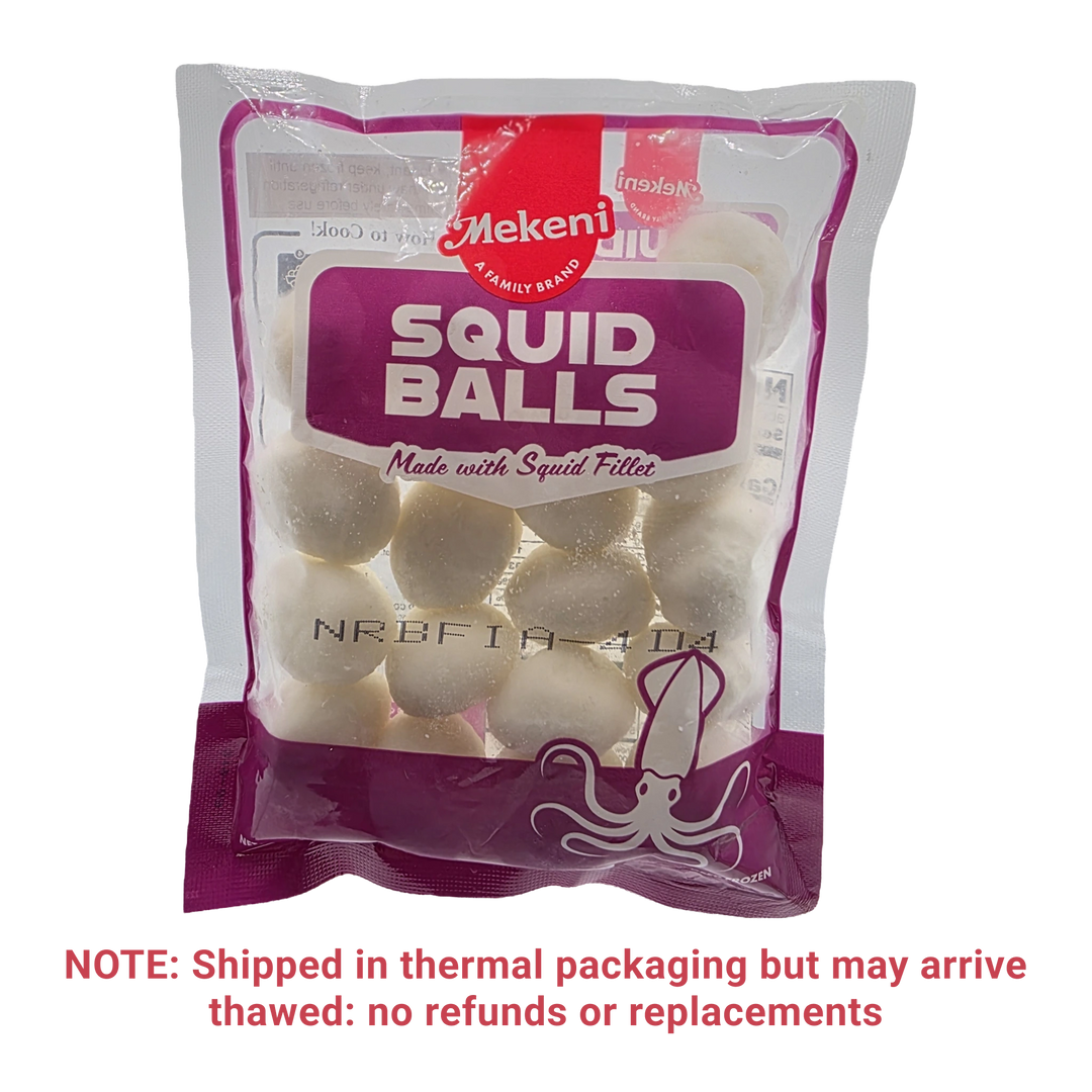 A package of Mekeni Squid Balls on a transparent background with a red shipping note at the bottom. The packaging is clear plastic with a white and purple label, showing the squid balls inside.