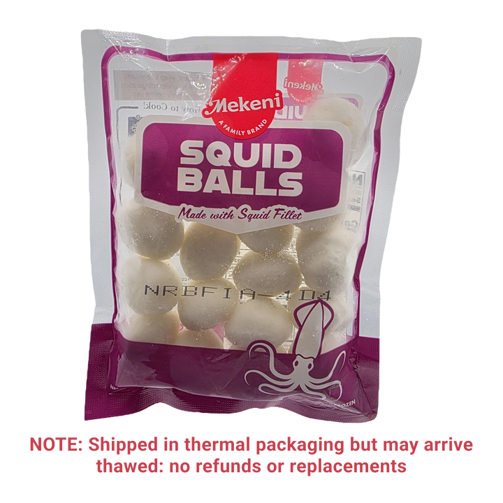 A package of Mekeni Squid Balls on a transparent background with a red shipping note at the bottom. The packaging is clear plastic with a white and purple label, showing the squid balls inside.