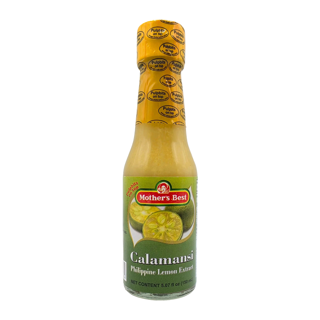 A bottle of Mother's Best Calamansi Philippine Lemon Extract sauce, featuring a green label with calamansi illustrations and a yellow cap, set against a plain transparent background.