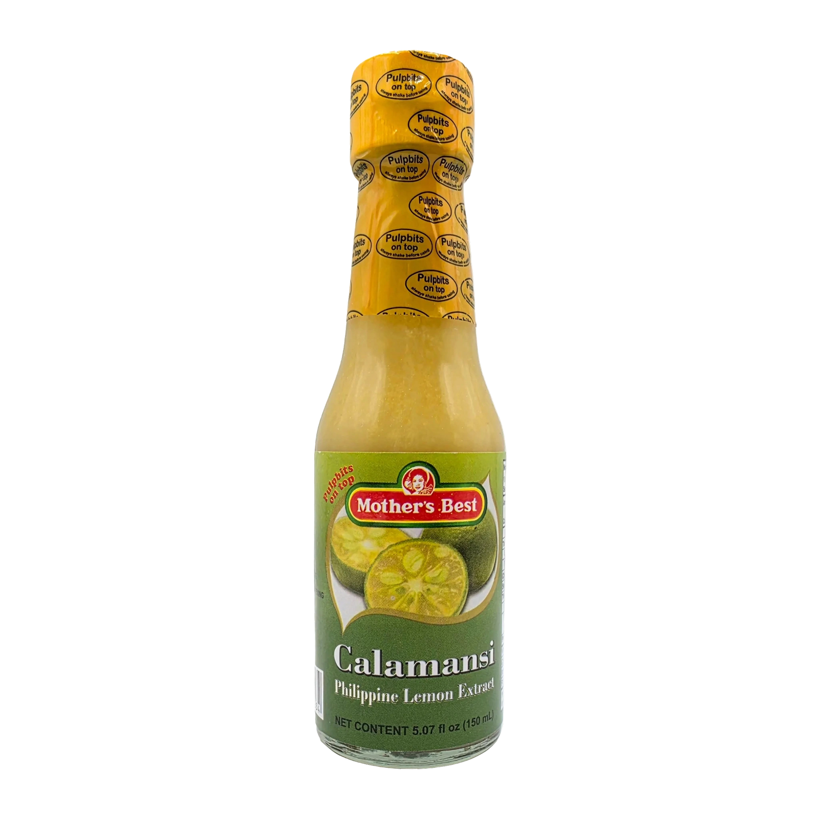 A bottle of Mother's Best Calamansi Philippine Lemon Extract sauce, featuring a green label with calamansi illustrations and a yellow cap, set against a plain transparent background.