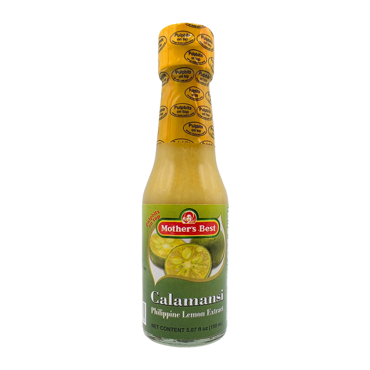 A bottle of Mother's Best Calamansi Philippine Lemon Extract sauce, featuring a green label with calamansi illustrations and a yellow cap, set against a plain transparent background.